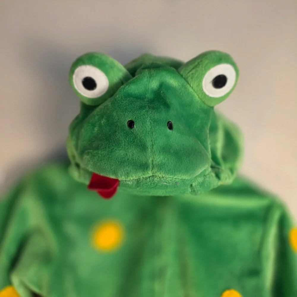 First Moments Frog Costume Baby 6/9M Green Yellow Spotted Plush Hooded Zip Up